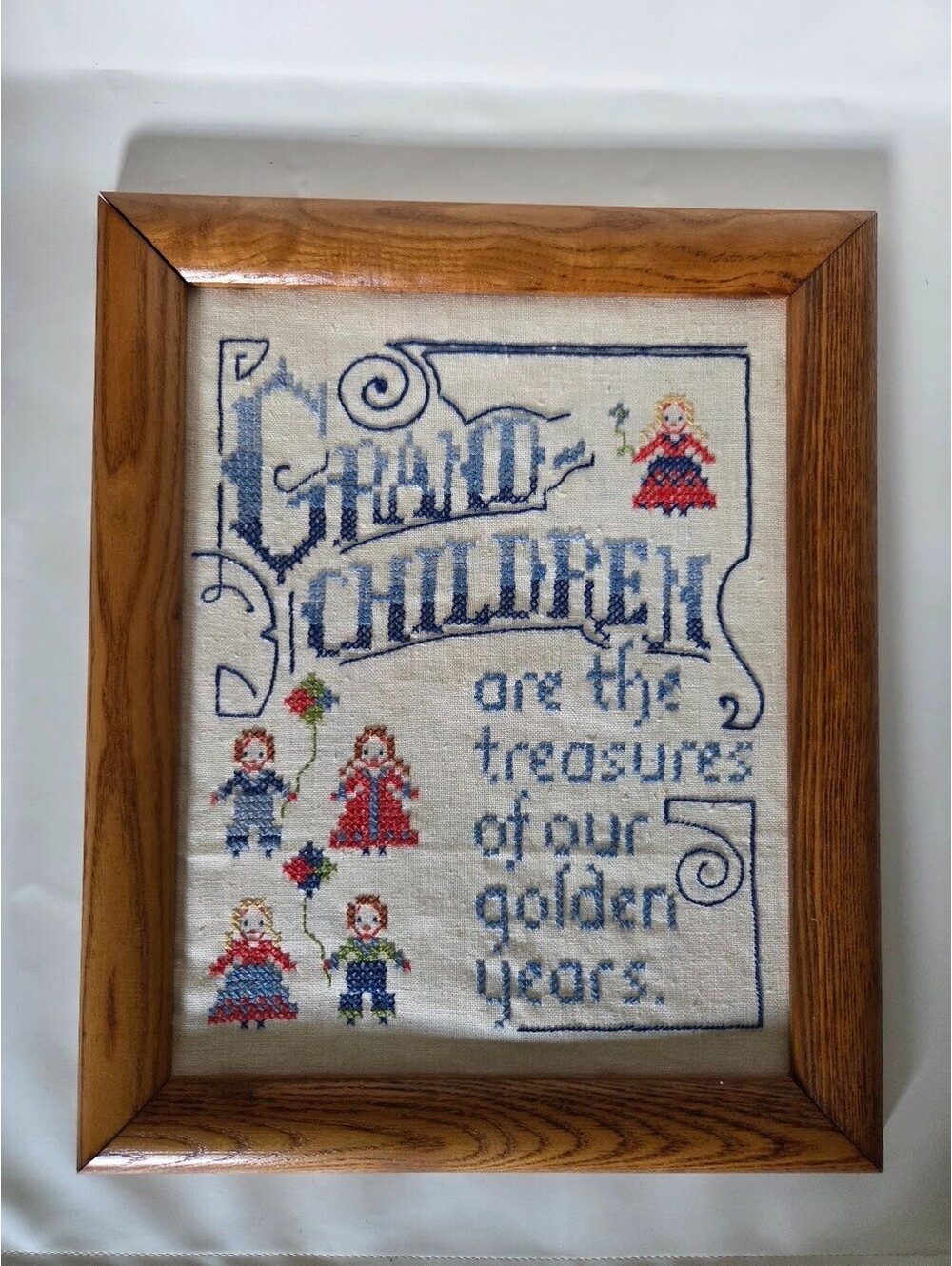 Framed Cross Stitch Grandchildren Quote Golden Years Sampler Wood Frame Art